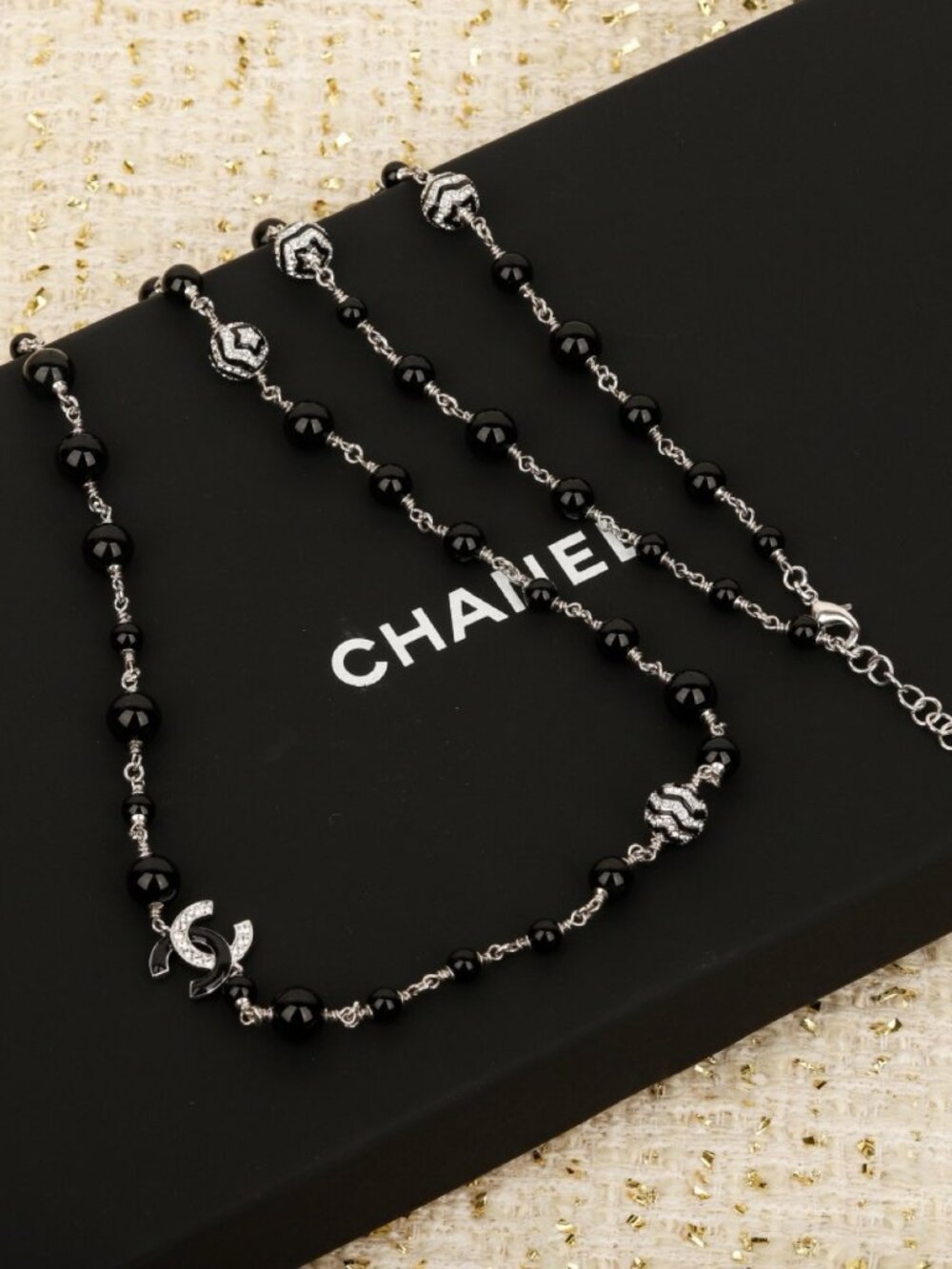 Chanel Silver-Tone Black Bead Crystal Ball CC Long Necklace